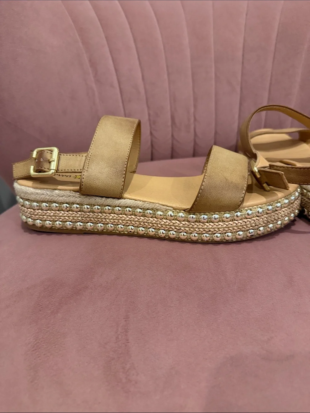 Women's Tan Platform Espadrille Sandals with stud trim